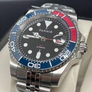 Parnis 40mm Black Dial Sapphire GMT Dark Blue Red Bezel Jubilee Band Watch New!